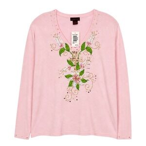 Bobbie Bell Pink Floral Cross Sequin Embroidered V-Neck Sweater XL NWT